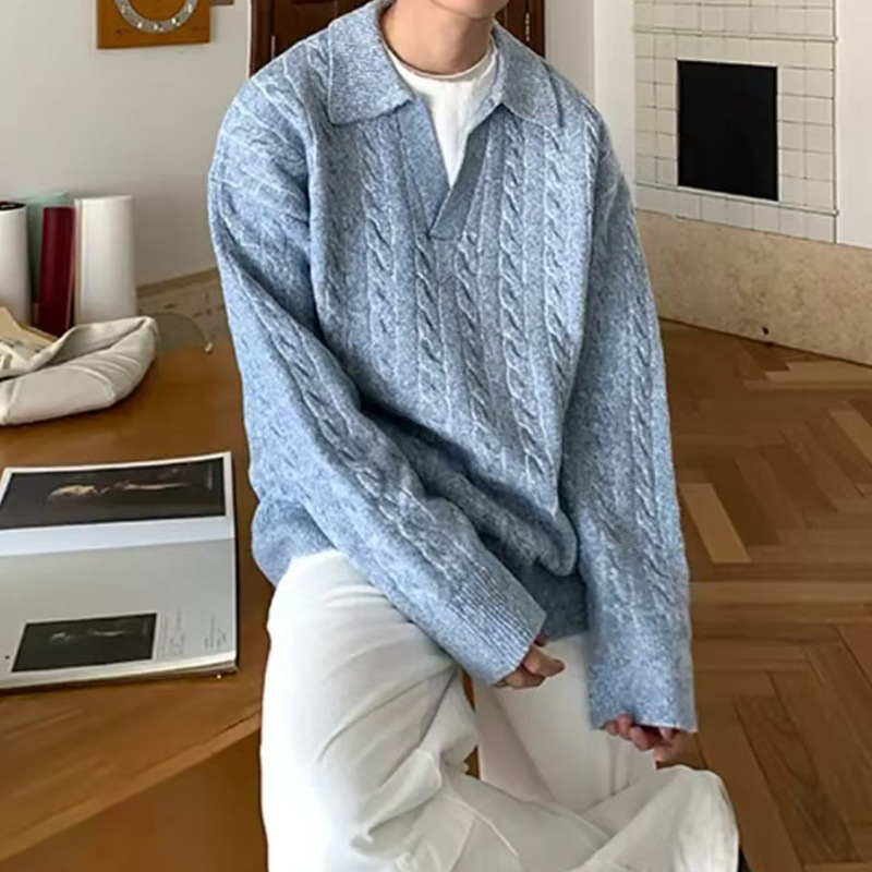 灰色假两件不起球毛衣男款冬季慵懒高级感韩系穿搭v领内搭针织衫|undefined