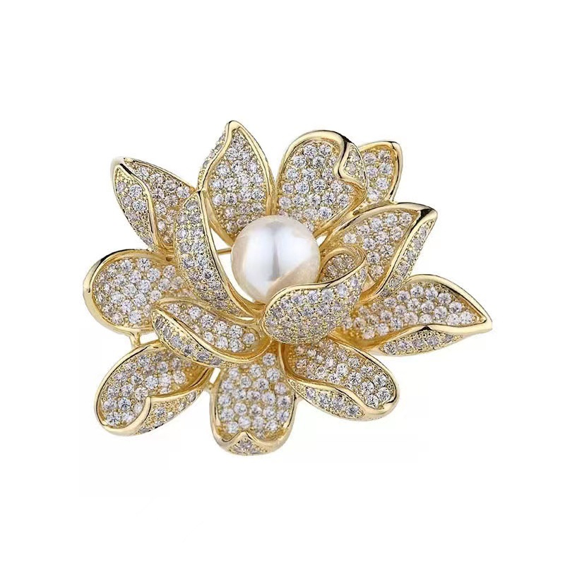 High-End-Luxus voller Diamant Lotus Brosche modische OL Textur Perle Kleidung Zubehör Anti-Exposition Corsage Pin_voghion.com