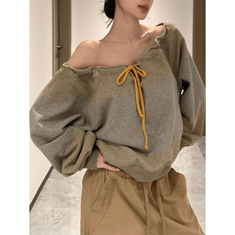 American Retro Style One-Shoulder Long-Sleeve Sweatshirt for Women, Spring and Autumn 2026 New Fashion Trendy Loose Off-Shoulder Top