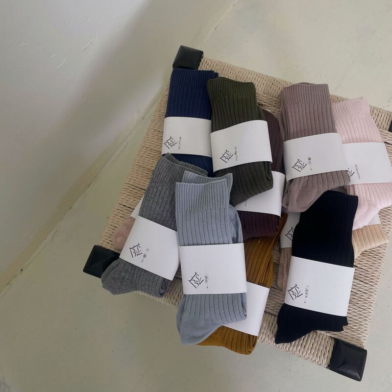 French Niche baser Organic Cotton Basic Pit Strip Mid-calf Socks Pure Color Versatile Women's Socks