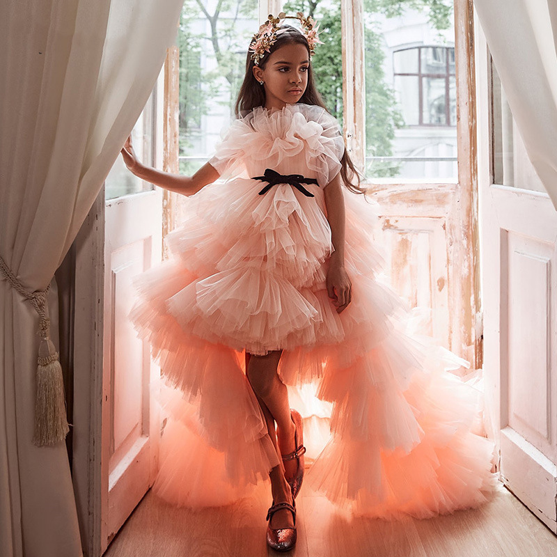 Mutter & Kinder Kinderkleid mit Schleppe, Mädchenkostüm für Klavier, Geburtstag, Auftritt, Blumenmädchen, Laufsteg, Kuchenrock, kurz 【Vorbestellung | Versand in 15 Tagen】_voghion.com