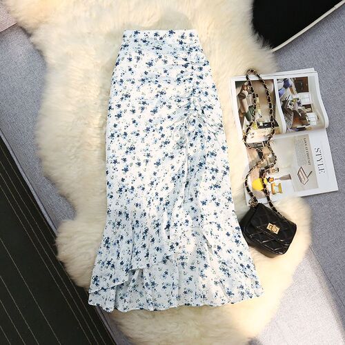 2025 fresh floral chiffon skirt for women autumn and summer new style design niche mid-length dress irregular fishtail skirt