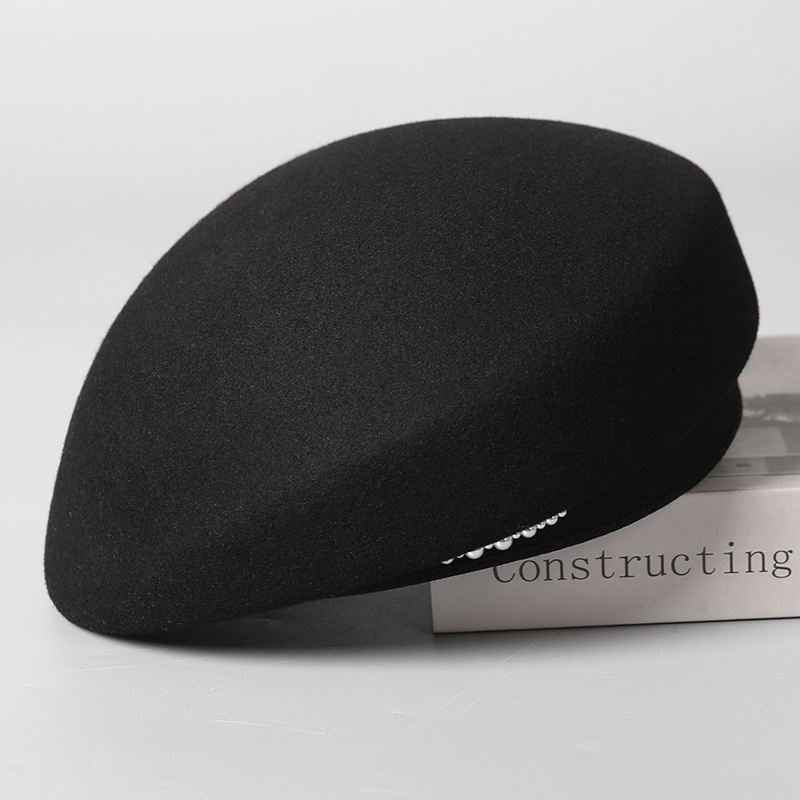 Mũ nồi len beret định hình phong cách Hàn Quốc, có ngọc trai trang trí, dành cho nữ — màu đen