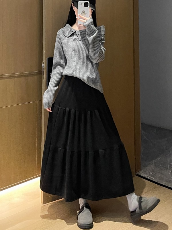 垂感针织泡泡褶皱半身裙女秋冬季新款纯色过膝长款蛋糕裙针织裙子|undefined
