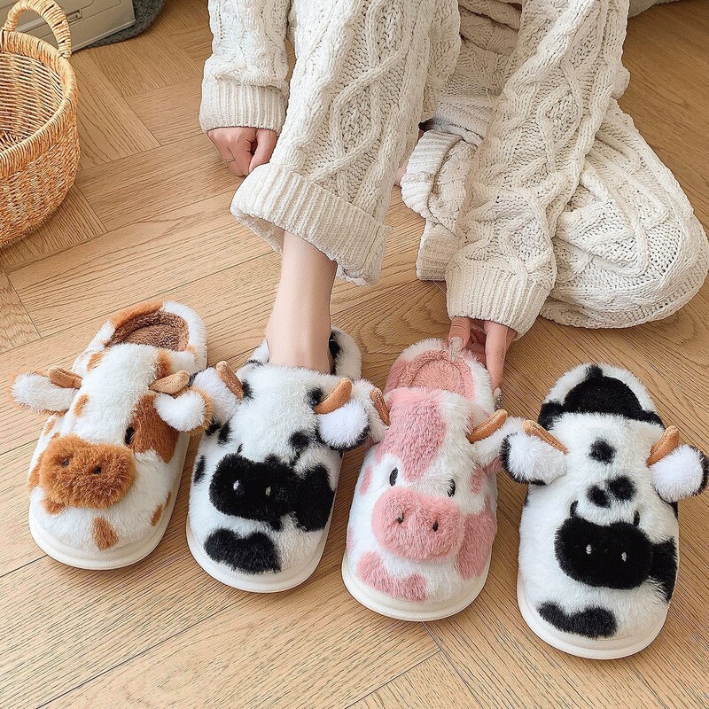 Cross-Border Cartoon Cow Fur Slippers, Thickened with Heel Cover, Indoor Home Warm Non-Slip Slippers for Women, Winter Custom Model