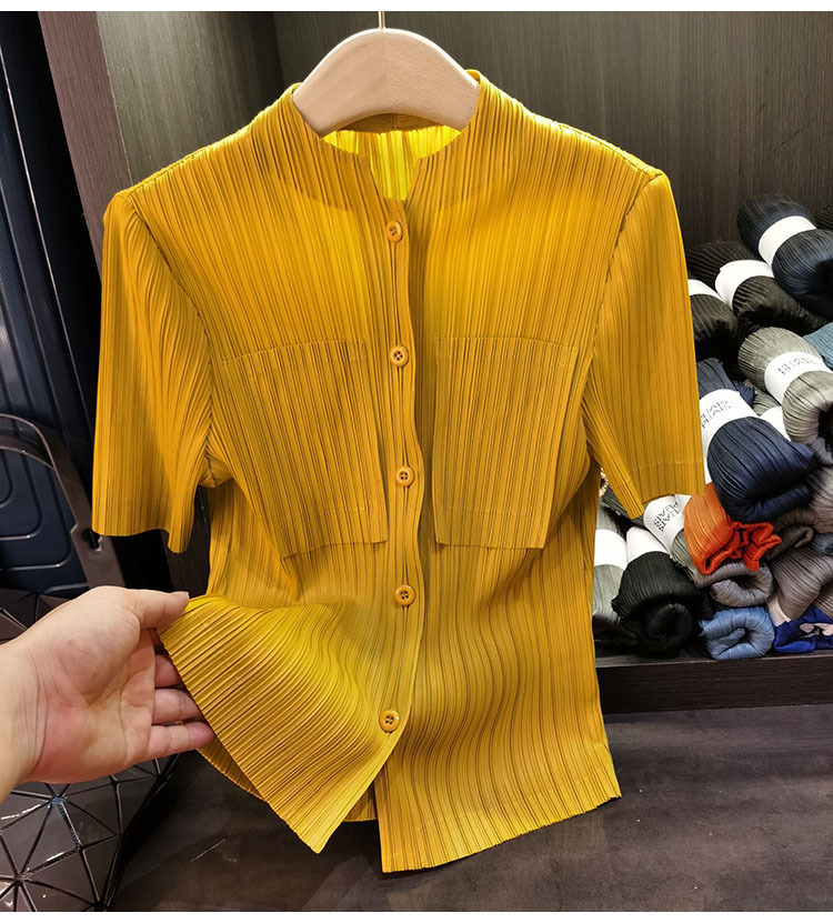 Áo sơ mi nữ cổ đứng xếp ly tay ngắn thiết kế túi hộp — Màu đen, Màu xanh lam, Màu hồng chi tiết 18