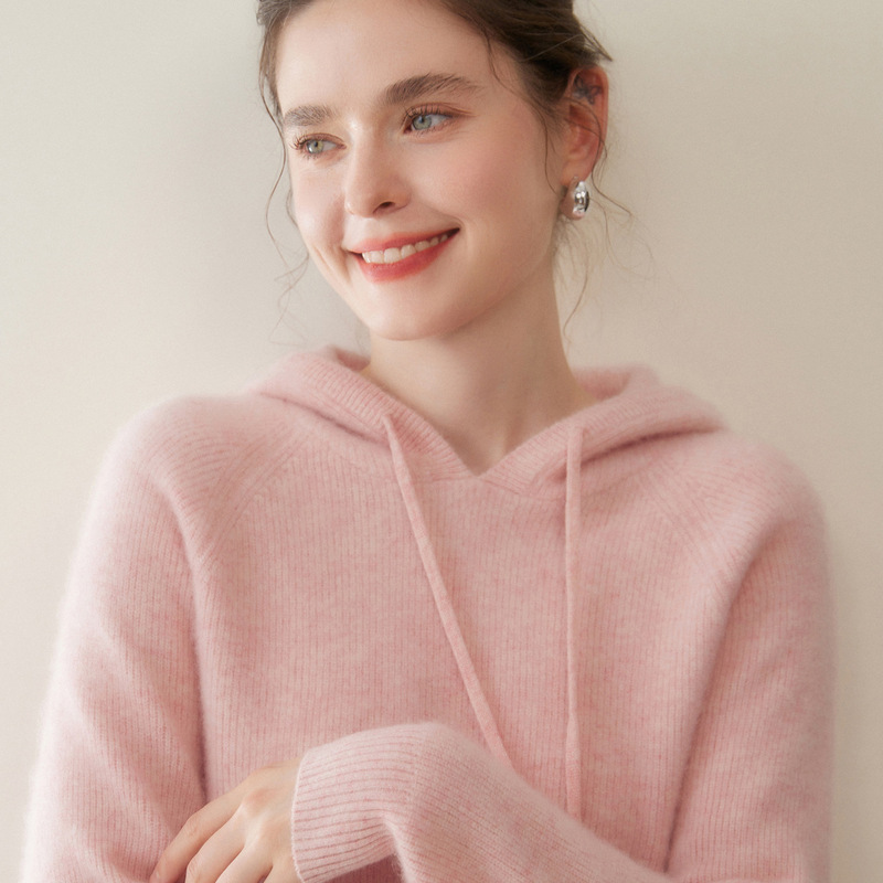 Wholesale Twelve-Needle Yuanbao Stitch Solid Color Cashmere Knit Base Shirt with Hood for Women, Thick Sweater for Autumn and Winter