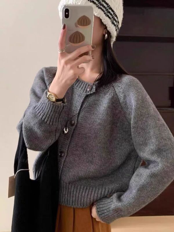 韩系温柔软糯圆领100羊毛开衫女装秋冬新款宽松慵懒羊绒衣外套|undefined