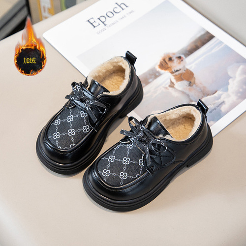 New Spring and Autumn Winter Fleece Black Leather Shoes College Style Student Cotton Shoes British Warm Princess Gender-Free Children's Shoes