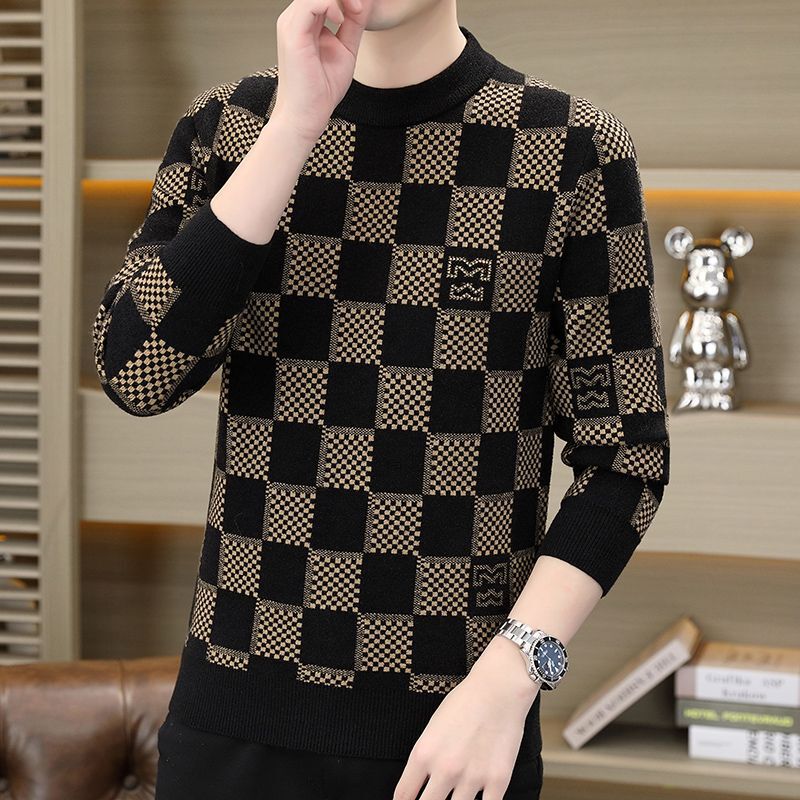 Men's New Sweater Men's Knitted Base Warm Sweater Plaid Thickened Round Neck Pullover Fashion Sweater