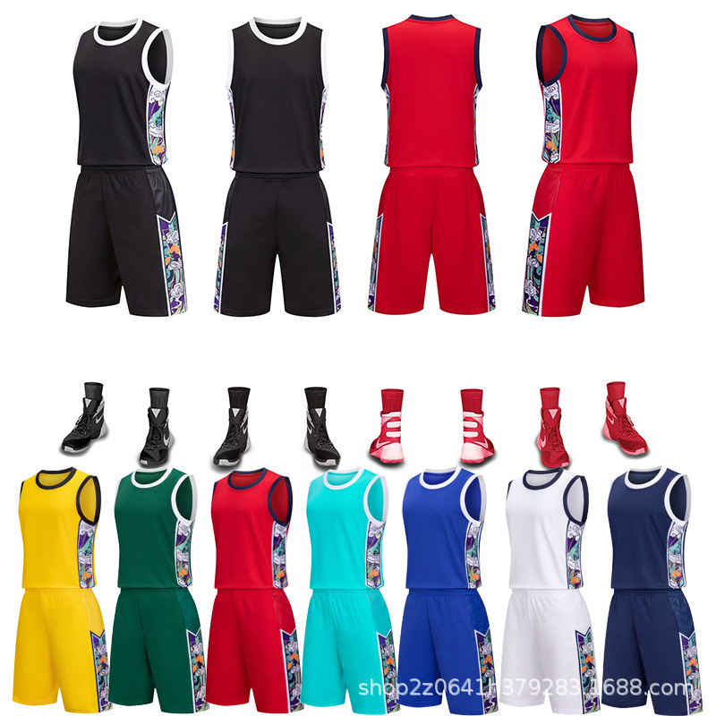 Factory supply basketball clothes suit side trend printing sports style vest shorts round neck basketball suit