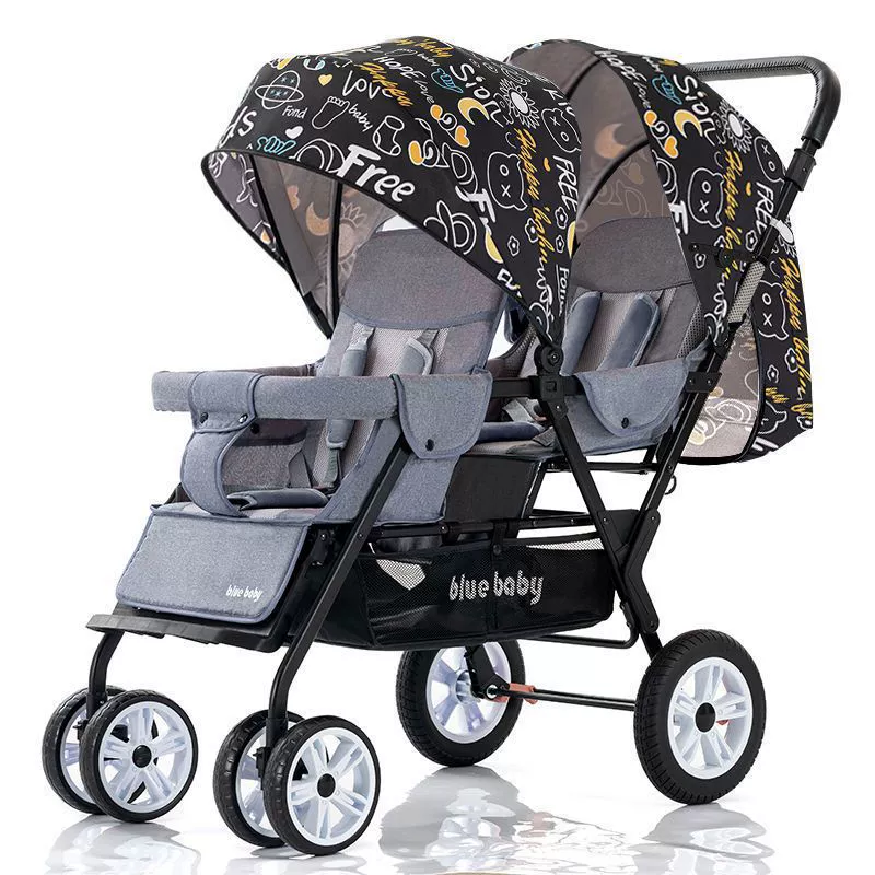 Folding stroller for twins, children's trolley for double with seat, can sit and lie