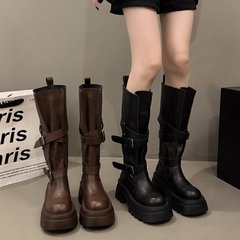 美拉德棕色靴子长筒靴女粗腿小个子厚底高筒骑士靴两穿西部牛仔靴