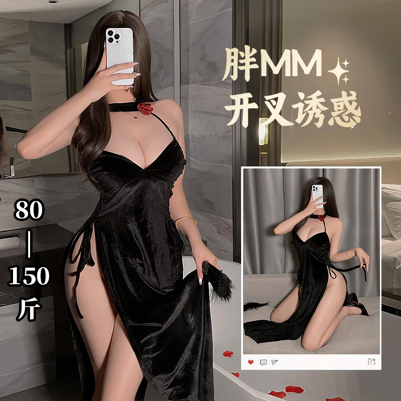 섹시한 속옷 어두운 섹시한 스파이스 소녀 섹시한 교수형 목 벨벳 빈 높은 분할 레이스 업 원피스 원피스 플러스 사이즈