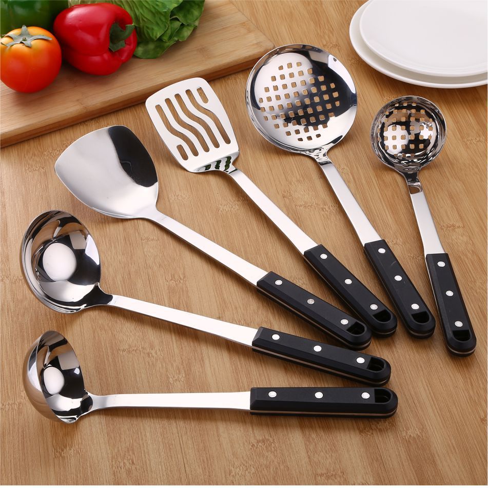 No magnético de acero inoxidable utensilios de cocina espátula cuchara de sopa espátula de cocina Negro Perla olla caliente sopa Shell freír pala colador grande