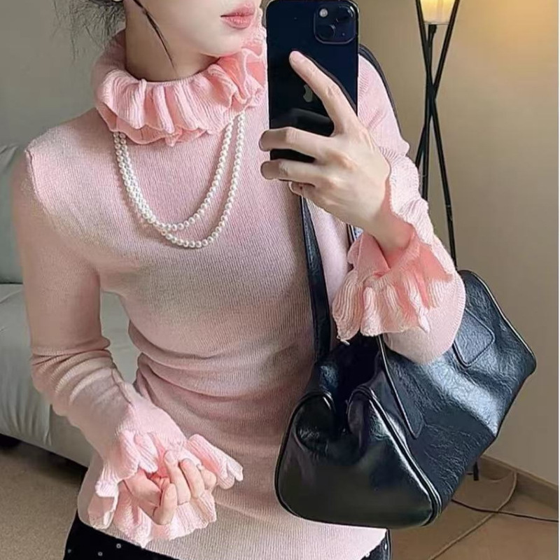 Stacked Artifact! Lace Collar Wool Knitted Base Shirt Women's Autumn and Winter New Slim-fit Slimming Wood-ear Top