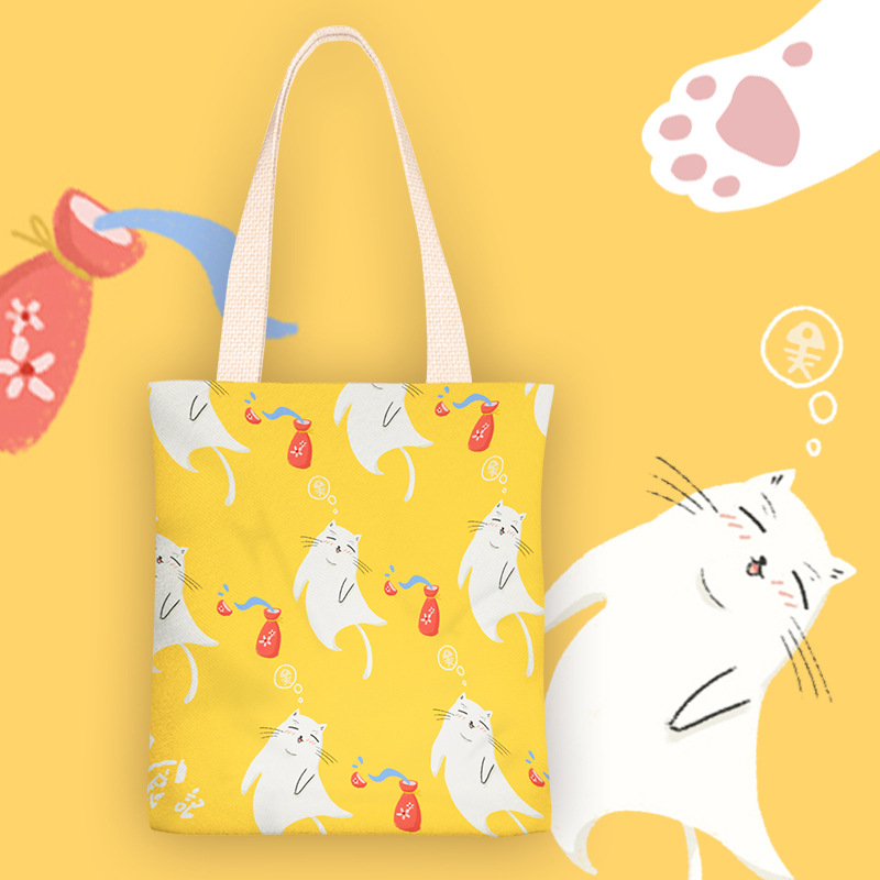日系小清新帆布女单肩包卡通可爱猫咪手提袋帆布包袋学生布袋