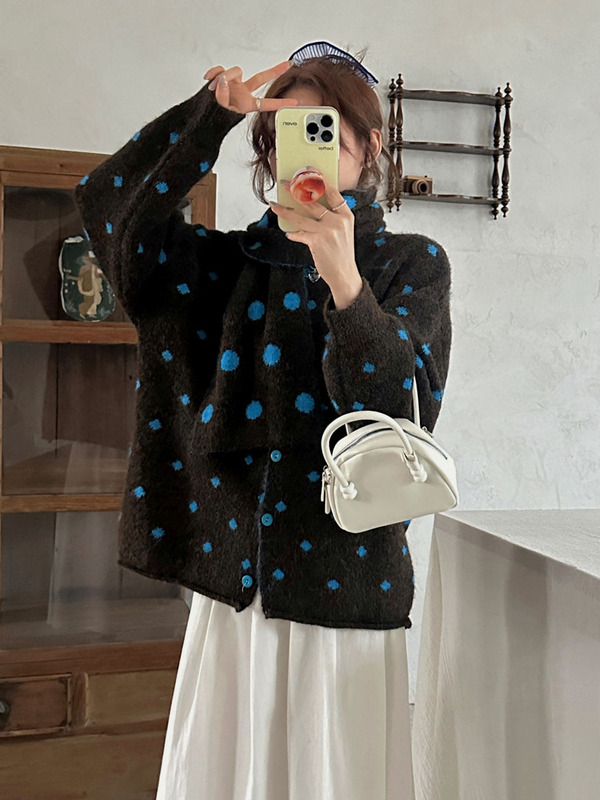 木四 送围巾波点慵懒风毛衣开衫女秋冬新款软糯宽松针织外套M6642|undefined