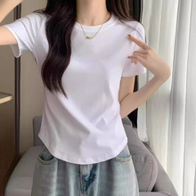 纯色弧形短款圆领短袖T恤女2024夏韩版小众设计感修身打底衫上衣