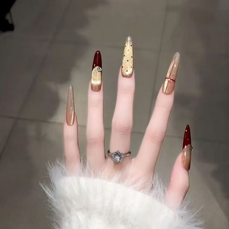 Hand-Dressed Armor New Year Red French Polo Dot Nail Pieces Bow Elegant High-Level Golden Cat's Eye Nail Paste