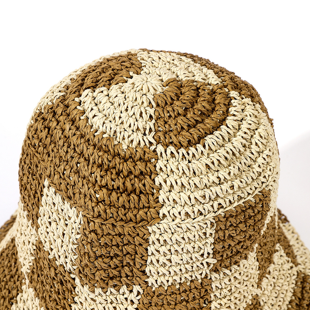 Sombrero de paja francés de verano a prueba de sol playa tablero de ajedrezado