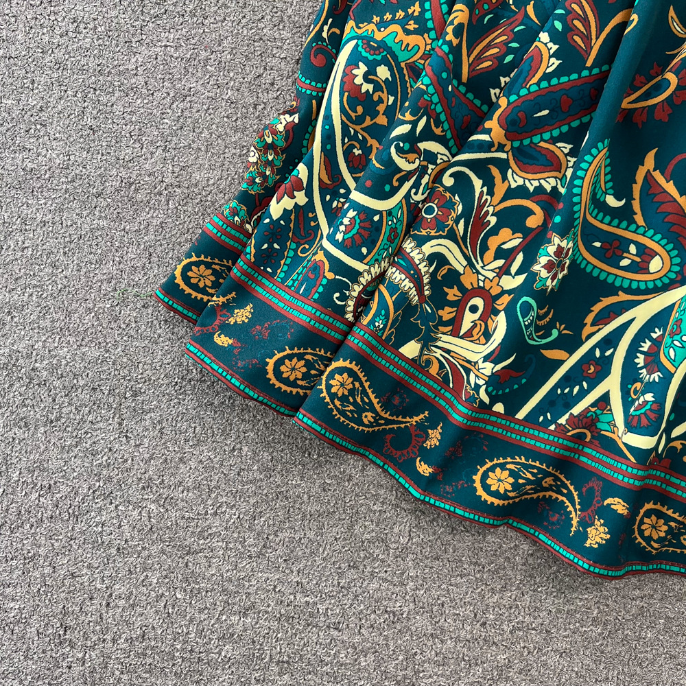 Retro Court Style Lantern Dress Long Sleeved V Neck Belted a Line Printed Elegant Full Skirt for Women_ecoleips.com