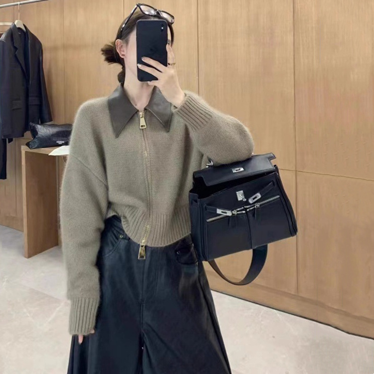 유럽의 고급 가죽 폴로 칼라 스티치 여성용 양방향 지퍼 게으른 스타일 재킷 서양식 니트 가디건