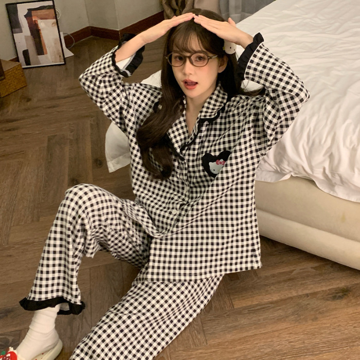 日系网红简约波点ins睡衣女春秋季新款甜美清新少女风家居服套装|undefined