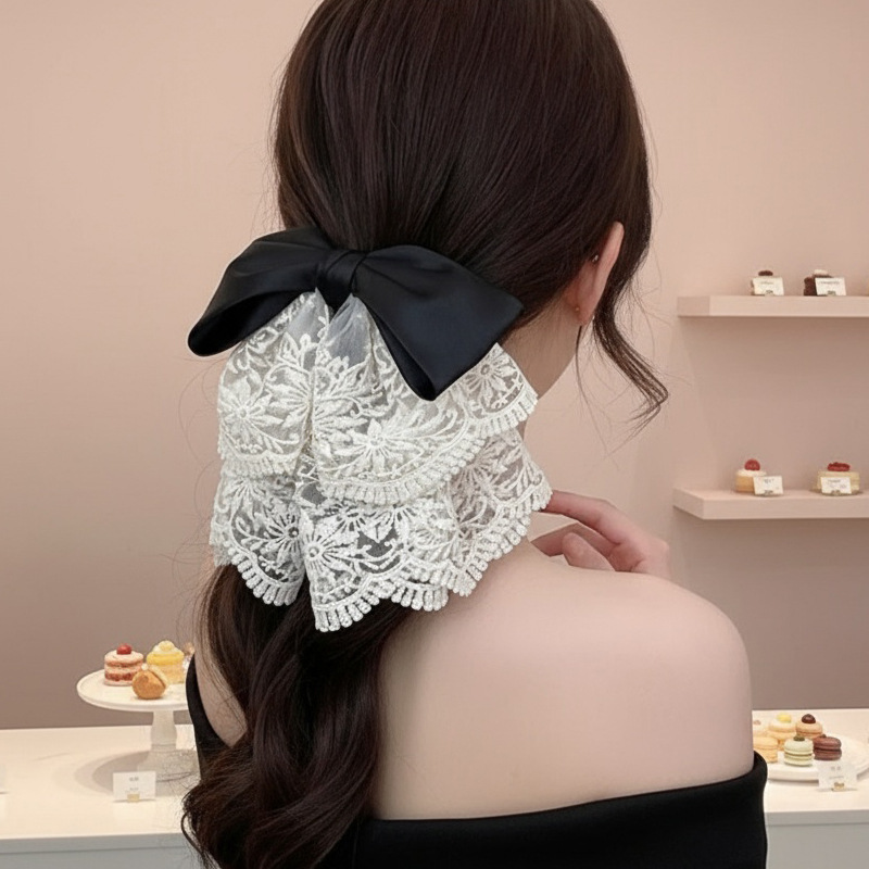 Черная заколка-крабик с бантиком, цветочный принт