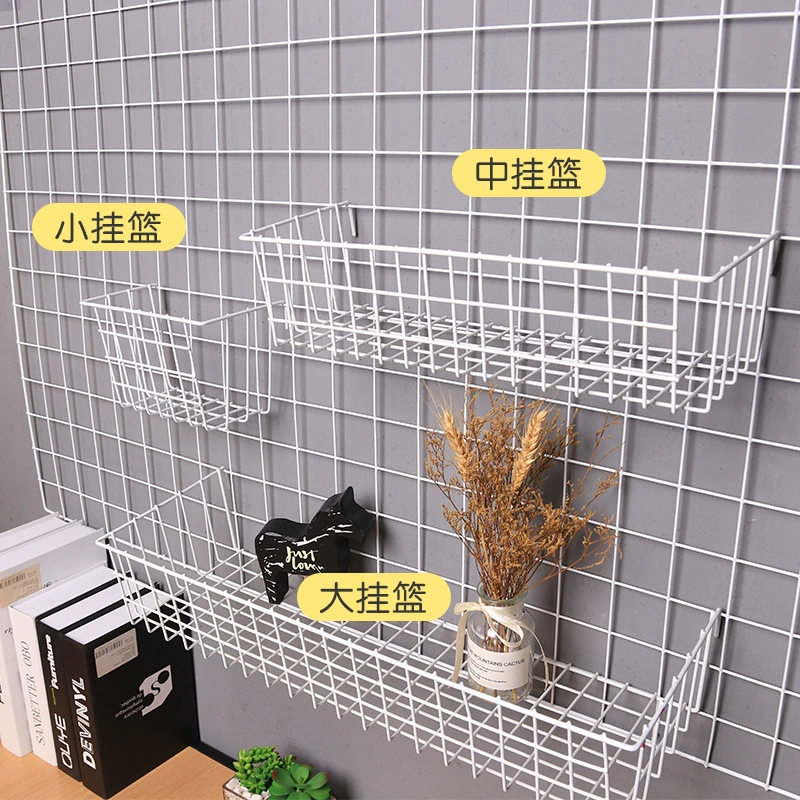 Grid Wall Organizer Iron Panel — Mesh Hanging Storage Rack with Assorted Baskets, 34.5×13.2×7.6 cm