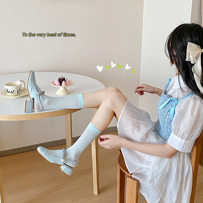La primavera y el verano delgados calcetines de hielo de terciopelo de color sólido calcetines de pila macaron color a juego largo estilo japonés calcetines de estudiante de media pantorrilla