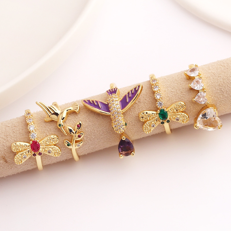 Fashion Animal Heart Shape Copper Gold Plated Zircon Open Ring