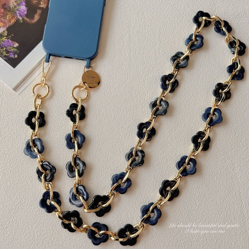 LCF phone lanyard, French designer model, light luxury European and American style, blue and gold petal beaded crossbody anti-lost phone chain LCF phone lanyard, French designer model, light luxury European and American style, blue and gold petal beaded crossbody anti-lost phone chain