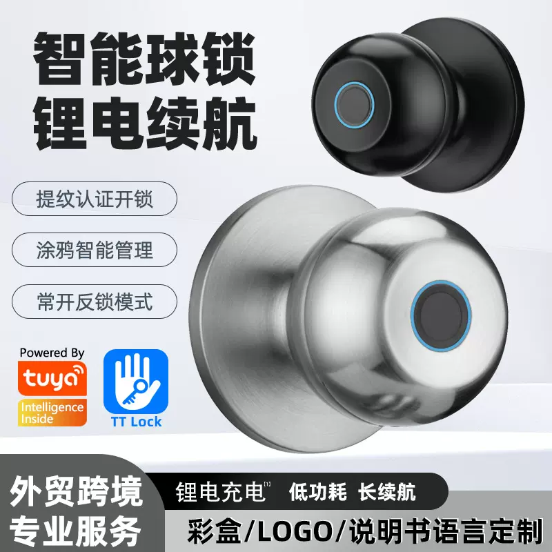 球形指纹锁通通涂鸦智能门锁室内木门跨境外贸远程管理三杆球锁具