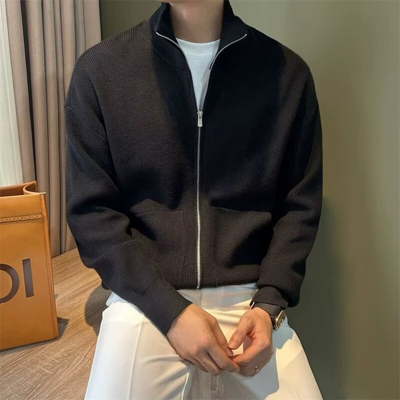 Cardigan in maglia slim fit con cerniera da uomo - Giacca in maglia con collo alto in tinta unita per autunno e inverno, capospalla casual_voghion.com