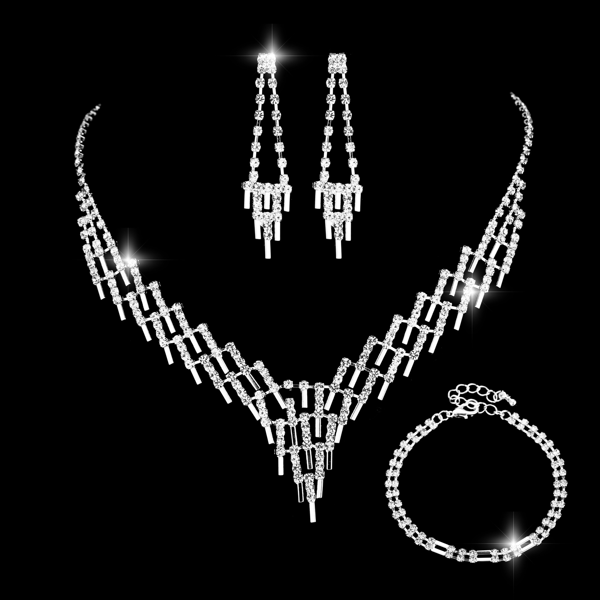 Nueva Moda Novia Collar Pendiente Pulsera Tres Piezas Conjunto De Diamantes De Imitación display picture 1