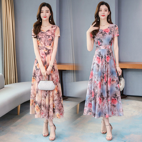 2024 Spring/Summer V-Neck New Fashion Korean Style Ice Silk Printed Dress Waist Slimming Over-The-Knee Maxi Dress
