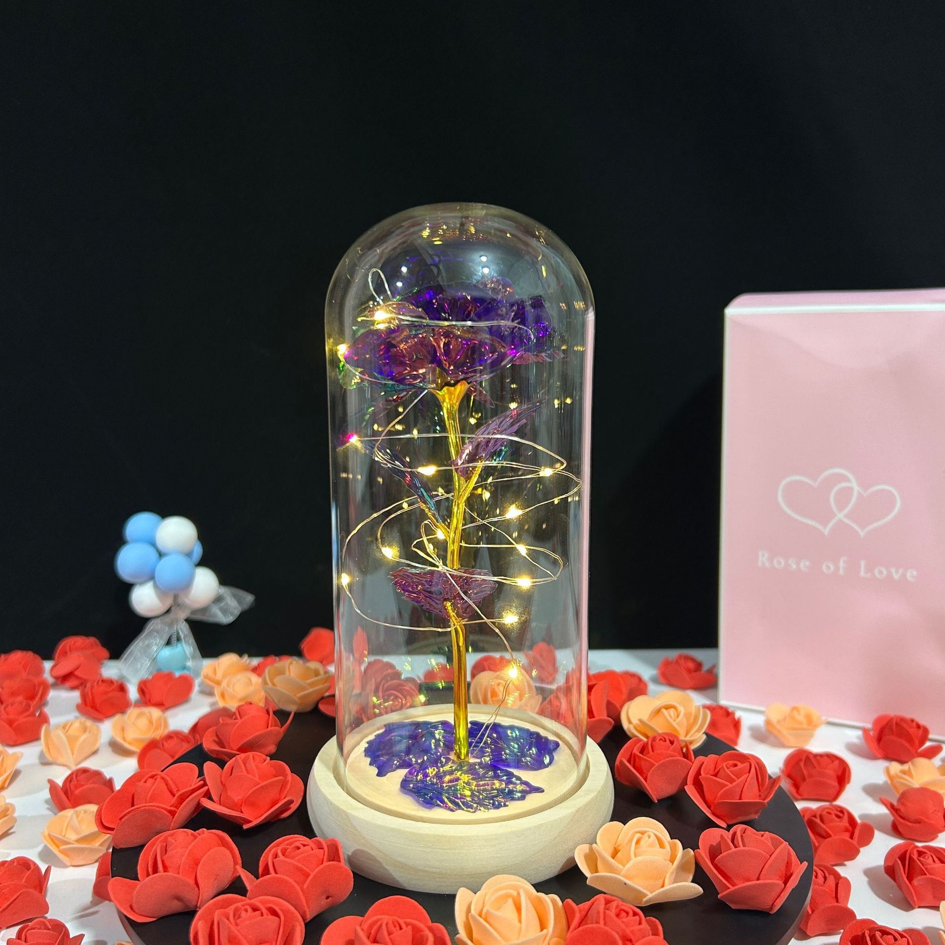 Cúpula de cristal con flor preservada 520, rosa del Día de San Valentín, adorno de linterna, regalo de Navidad, decoración de puesto de bodas, pequeño regalo