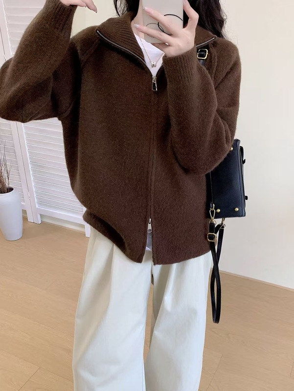 跨境慵懒风毛衣外套女2025秋冬新款韩系纯色立领拉链针织开衫|undefined