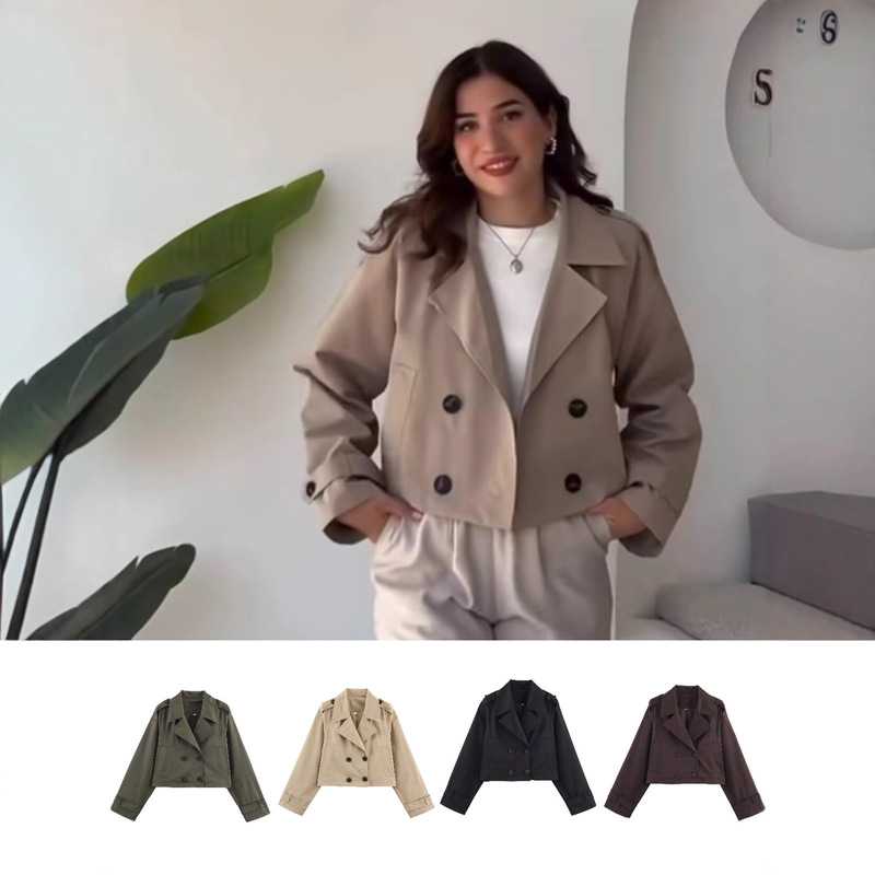 Za Cross-Border Export Spot European and American Style Women's Spring and Autum New Fashion Double-Breasted Long-Sleeved Short Windbreaker