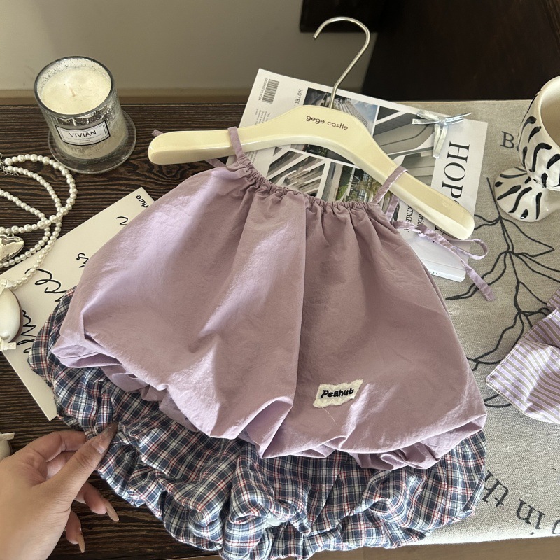 Korean Children's Wear 2025 New Summer Girls' Sling Lantern Top Children's Plaid Bud Shorts Two-piece Fashionable Set