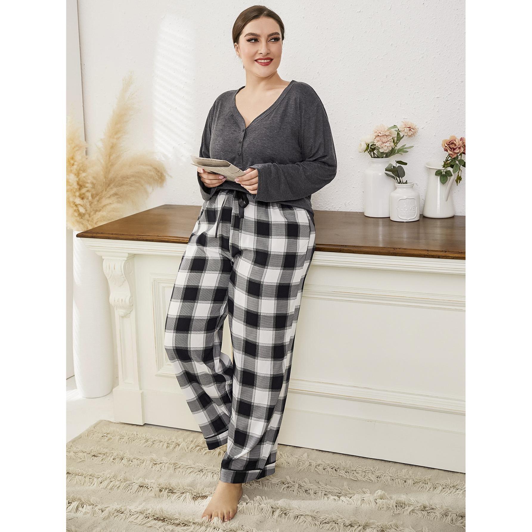 Large size pajamas for women's autumn and winter loose fitting casual chubby mm long sleeved pants home clothing set_voghion.com