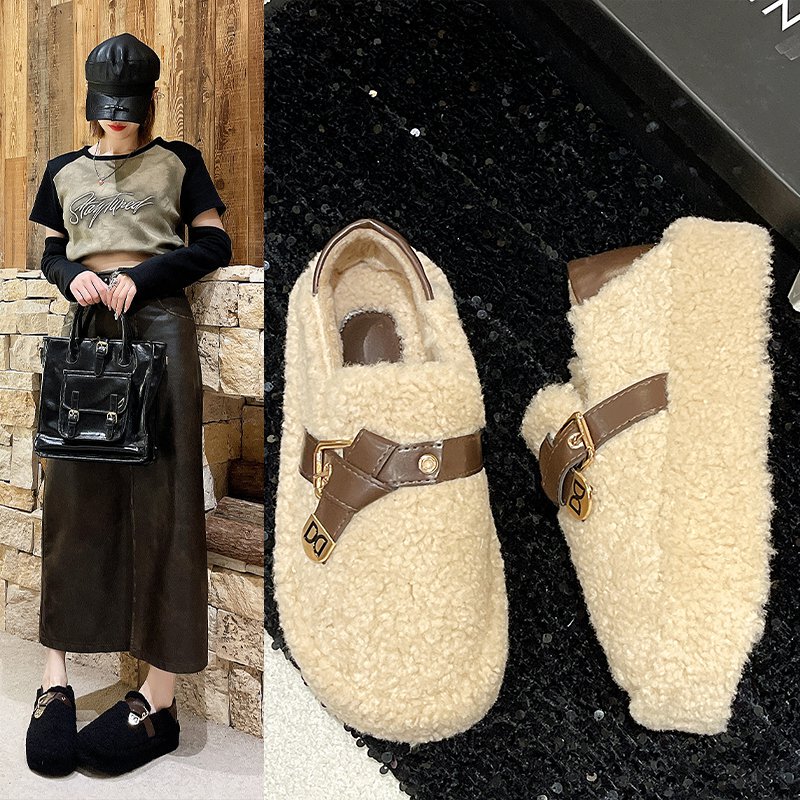 Lamb Wool Slip-On Furry Snow Boots 2026 Winter New Trendy Fashion Home and Outdoor Furry Slippers for Women
