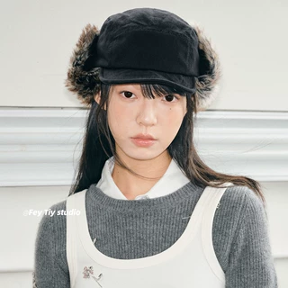 原创设计感毛绒修饰脸型百搭棒球帽护耳保暖雷锋帽飞行帽秋冬