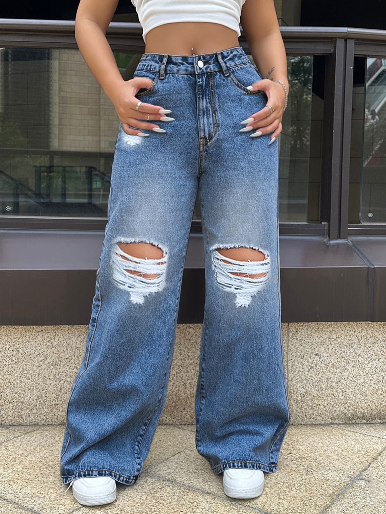 Jeans de Pierna Ancha con Rotos para Mujer de Mezclilla, Corte Relajado, para Uso Casual image 8