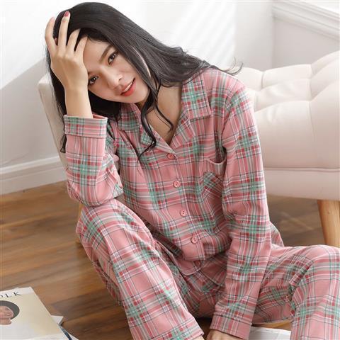 100% pijamas de algodón puro de las mujeres de primavera y otoño de manga larga Otoño e Invierno casual cómodo Plaid desgaste del hogar