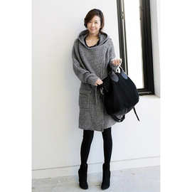 秋冬新款女装韩版连帽腰带宽松中长款粗棒针织衫开衫毛衣外套女