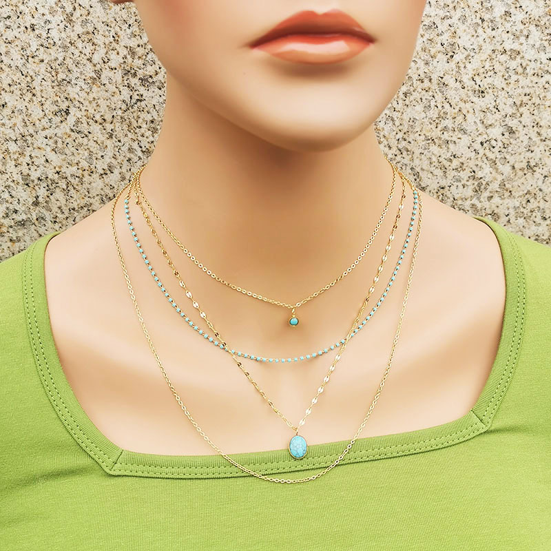 Fashion Round Titanium Steel Inlay Turquoise Layered Necklaces 1 Piece