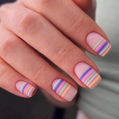 Mid-length satin rainbow striped nail art summer niche Western and Eastern ins-style false nails cute playful colorful