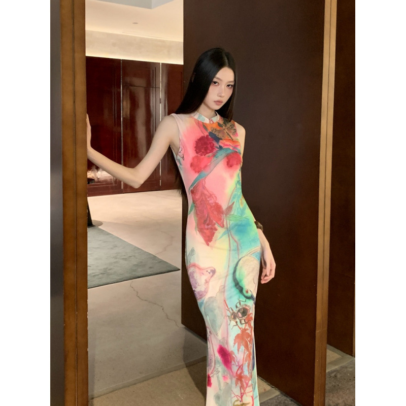 Night Heron Artist Collaboration Series Reversible Mesh All-Over Print Qipao Mermaid Long Dress Summer Women's Dress Night Heron Artist Collaboration Series Reversible Mesh All-Over Print Qipao Mermaid Long Dress Summer Women's Dress